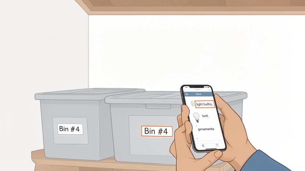 Person uses a smartphone app to manage items in labeled storage bins, showing 'light bulbs' on screen.
