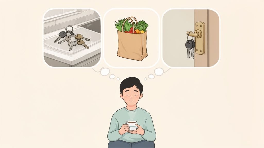 A man thinks about a bunch of keys on a counter, a bag of groceries, and keys on a doorknob.