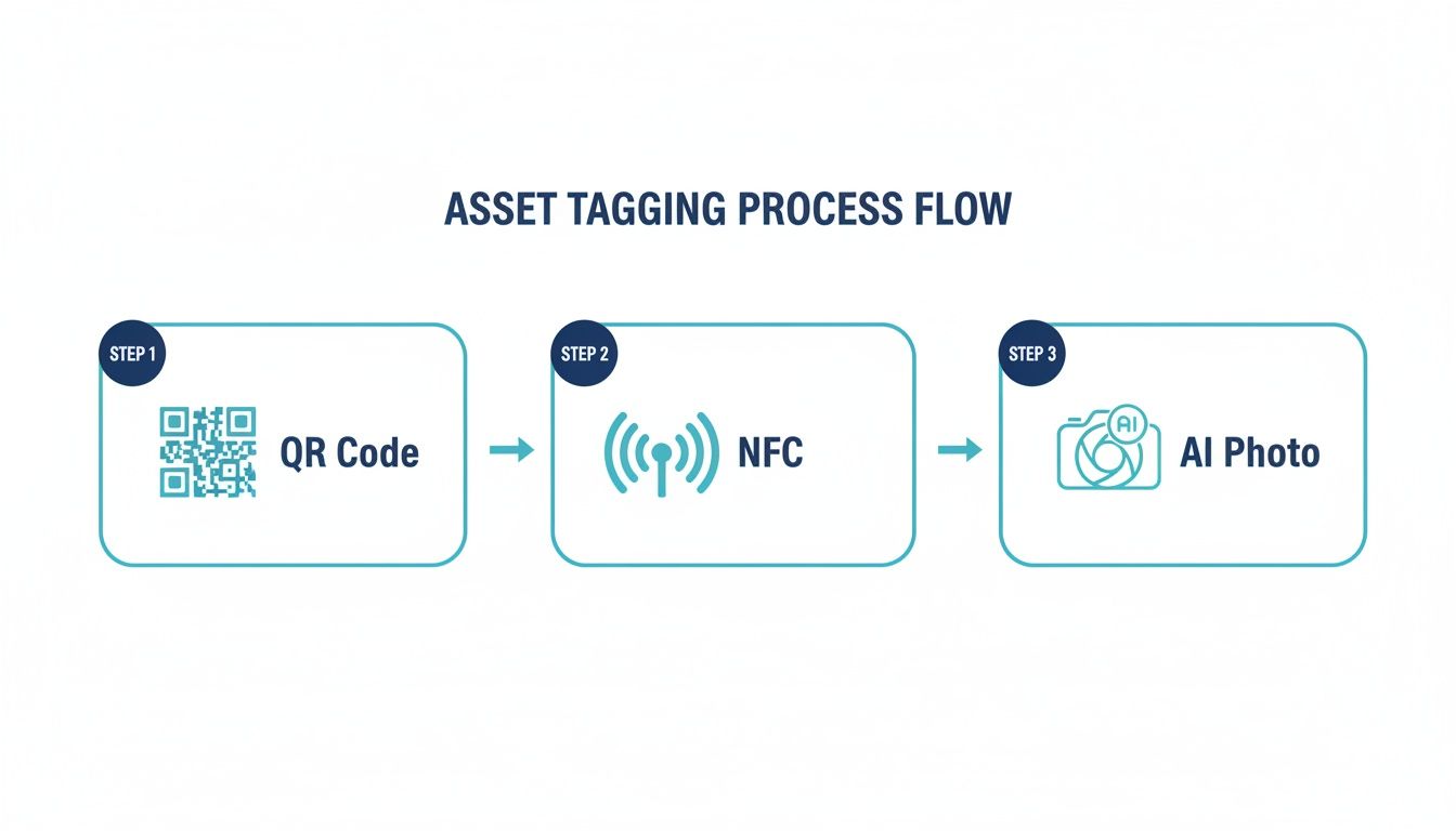 A flowchart illustrates the asset tagging process: Step 1 QR Code, Step 2 NFC, Step 3 AI Photo.