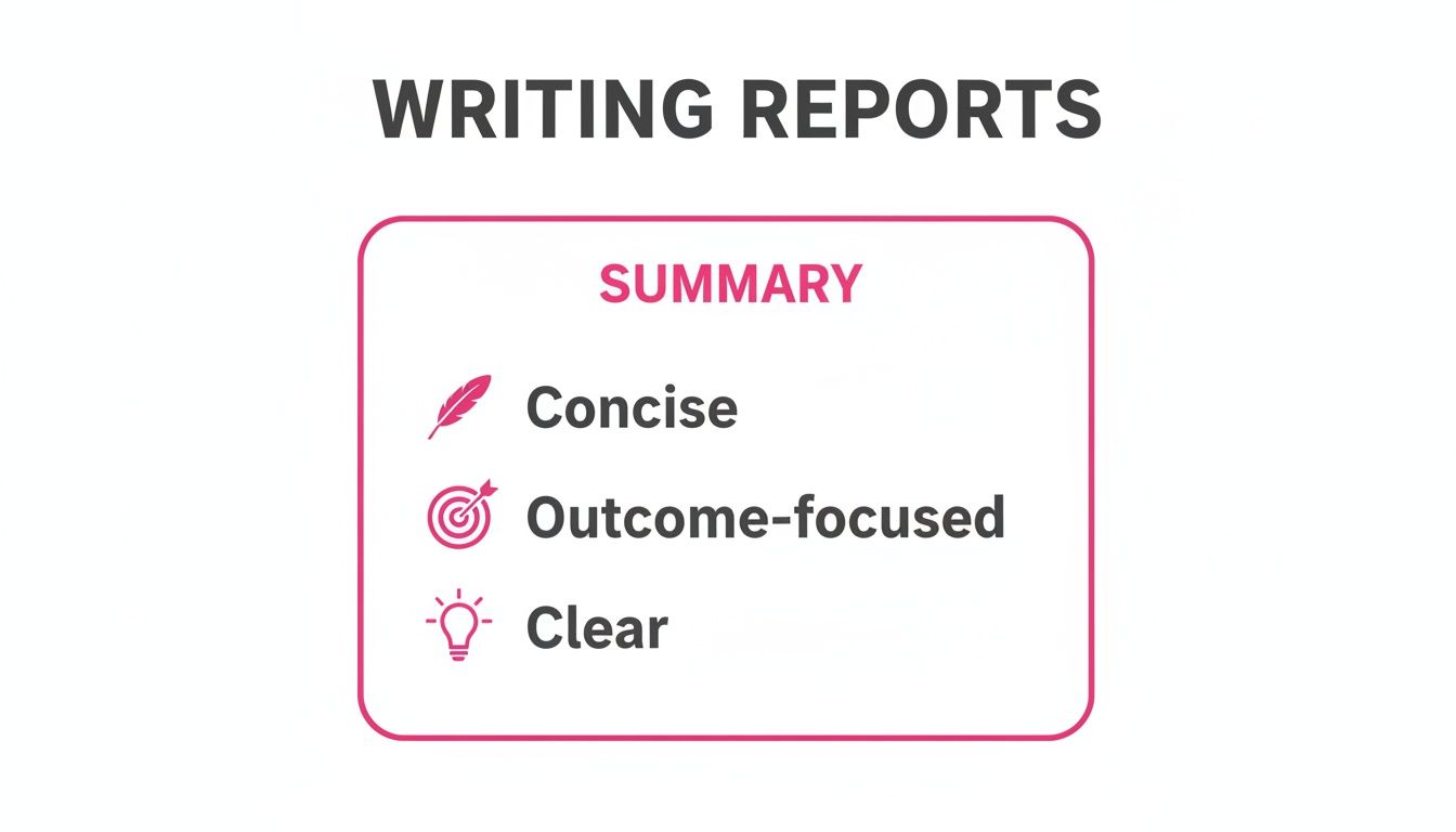 A slide titled 'Writing Reports' shows a summary with three key characteristics: concise, outcome-focused, and clear.