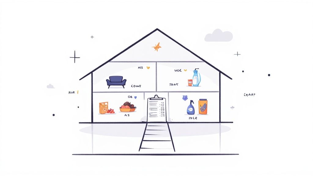 An illustrated house displaying rooms with items like furniture, food, and cleaning supplies, and a central checklist.