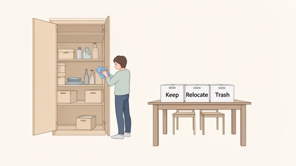 A person cleans and organizes a kitchen cabinet, with sorting boxes for 'Keep', 'Relocate', 'Trash' on a table.