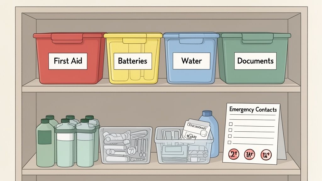 A well-organized emergency preparedness shelf with labeled bins for first aid, batteries, water, documents, and essential supplies.
