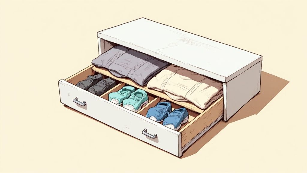 Under bed storage drawer with organized folded clothes and shoes in compartments