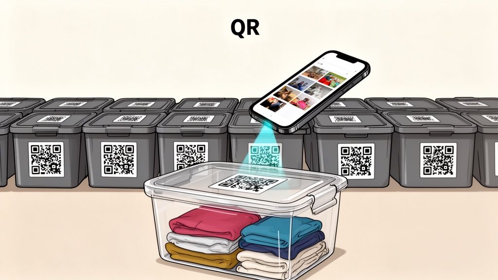 A smartphone scans QR codes on multiple grey storage boxes, one transparent box shows folded clothes.
