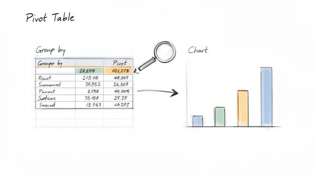 Handwritten diagram shows a pivot table with numerical data transformed into a colorful bar chart.