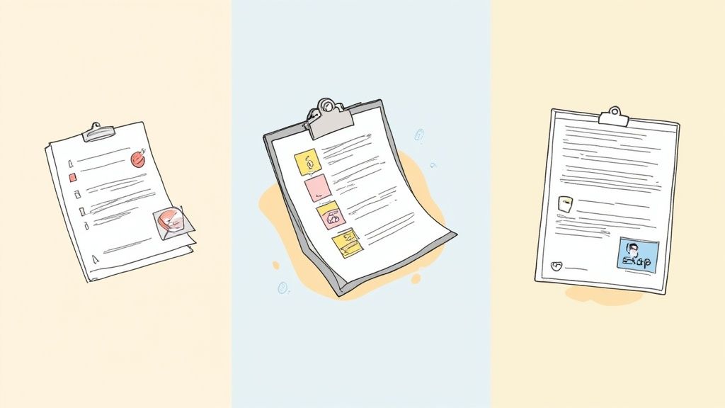 Three stylized clipboards displaying various documents like checklists, forms, and categorized lists on different colored backgrounds.