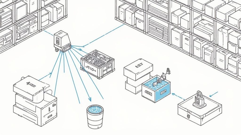 A person using an a RFID reader to scan a shelf of tagged boxes
