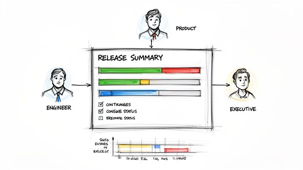 Flowchart illustrating product release summary with progress bars and stakeholders.