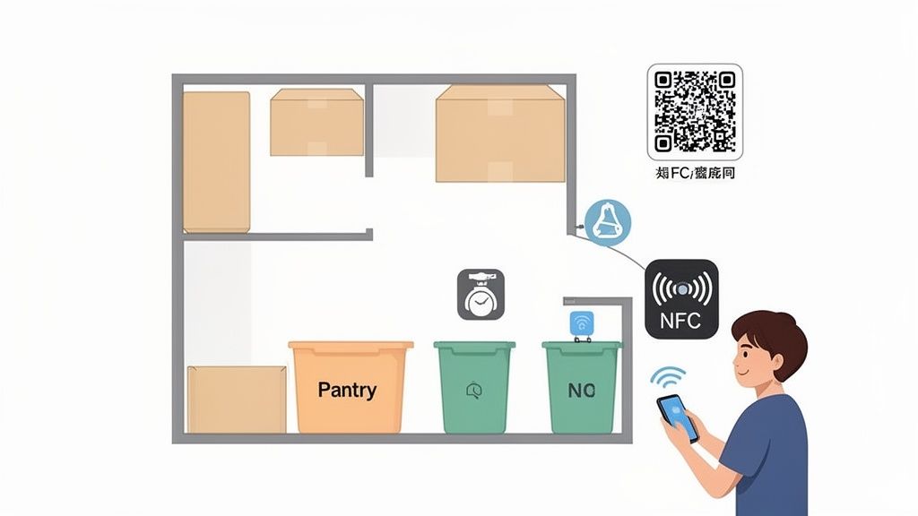 A person uses a smartphone with an NFC system to manage items in a smart pantry and storage room.