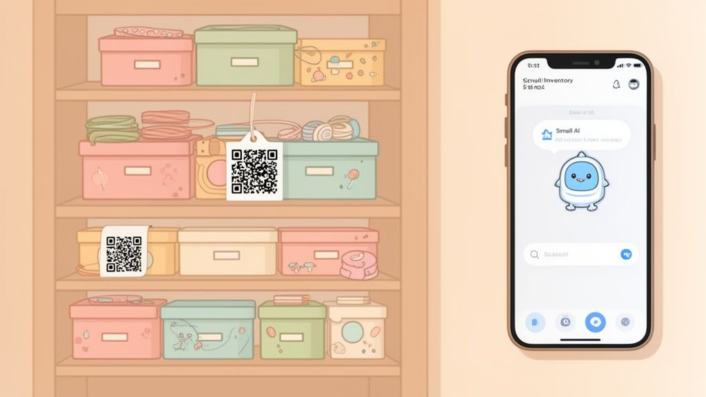 Digital inventory management: a smartphone app next to shelves with labeled storage boxes.