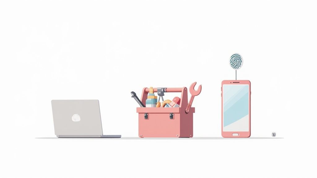A laptop, a pink toolbox containing various tools, and a pink smartphone with a fingerprint icon.