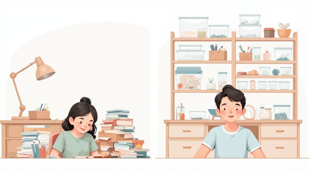 A perfectly organized craft room with colorful supplies neatly arranged on shelves and in clear containers.