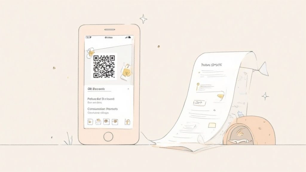 A smartphone displays a QR code and records, beside a long paper receipt. This suggests asset tracking.