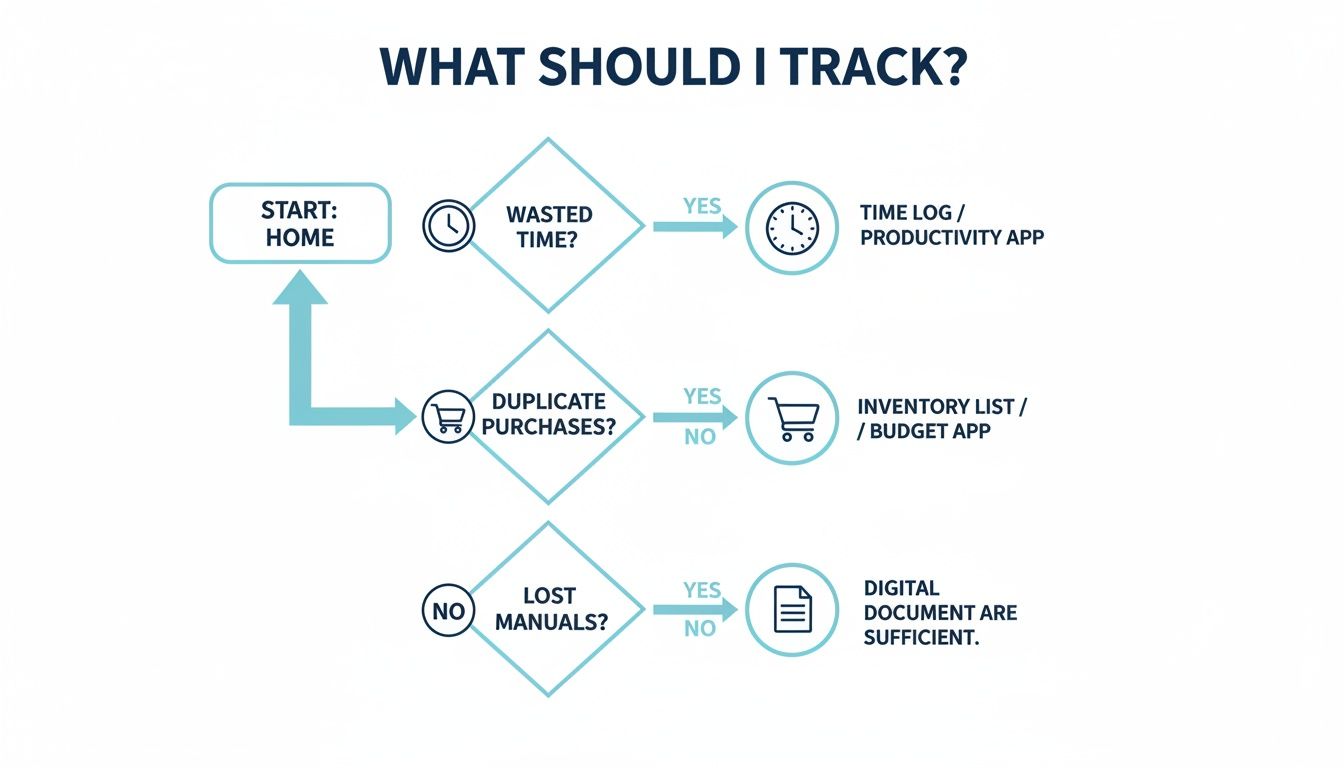 Flowchart guiding on what to track for wasted time, duplicate purchases, and lost manuals.
