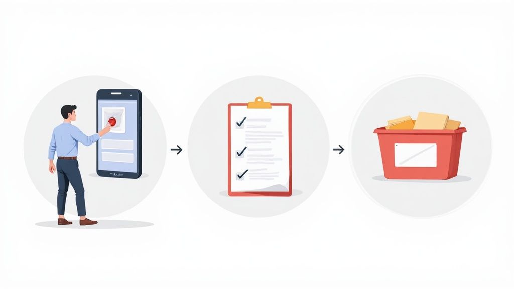 Digital workflow showing a person using a mobile app to update inventory, verify tasks, and store items.