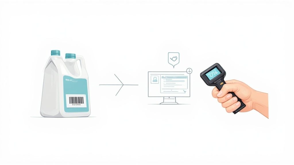 An illustration showing a product with a barcode, an arrow to a computer screen, and a hand holding a barcode scanner.
