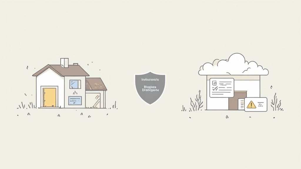 A house on the left, a shield in the middle, and a house under a cloud with documents and a warning sign on the right.