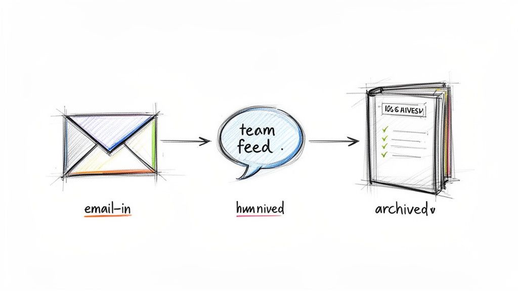 Hand-drawn workflow diagram showing an email entering a 'team feed' for communication, then being archived.