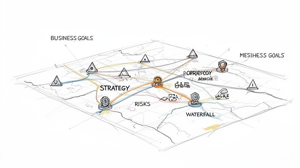 A hand-drawn strategic diagram showing interconnected business goals, strategy, risks, Agile, and Waterfall methodologies.