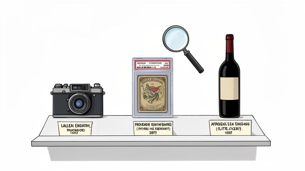 Three valuable collectibles: a vintage camera, a graded trading card, and a wine bottle on a display shelf.