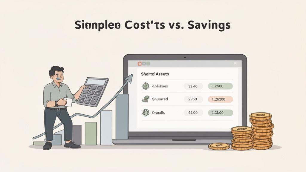 Illustration of a man analyzing financial data with a calculator, laptop, and coins.