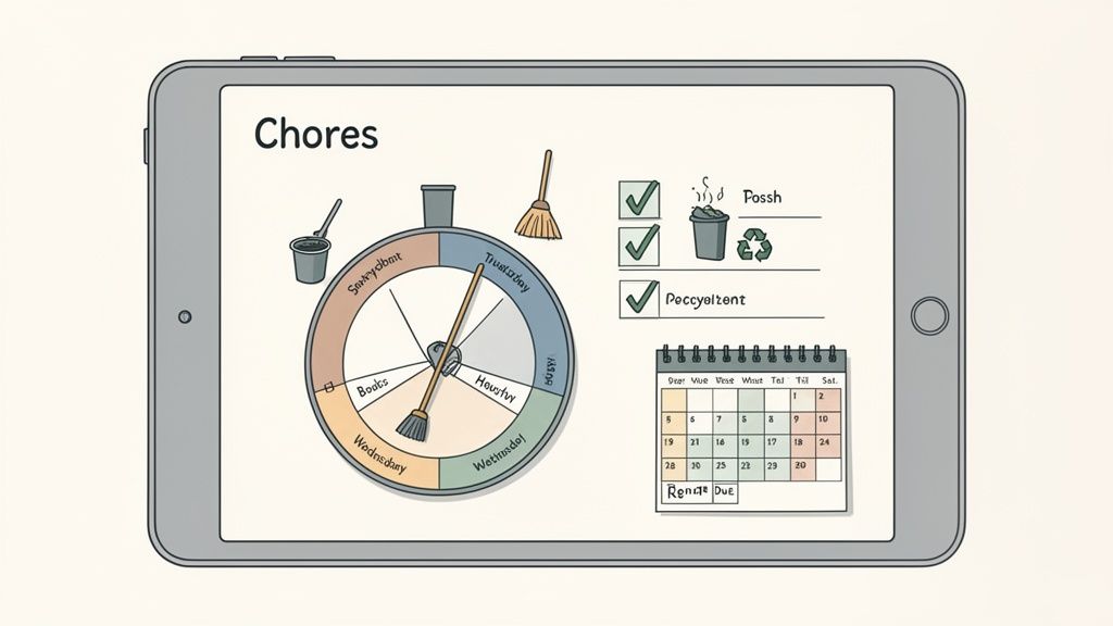 A tablet displays a 'Chores' app with a spinner wheel, a task checklist, and a calendar.