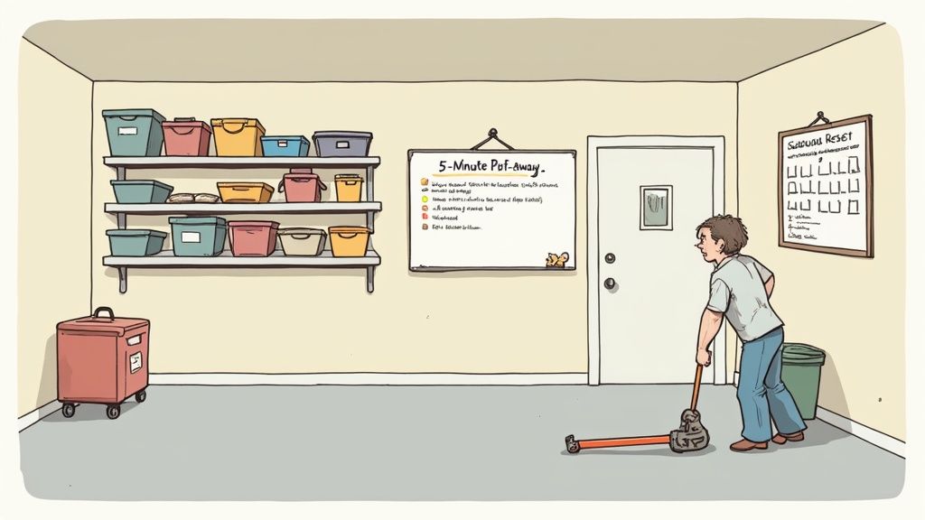 A person cleaning a tidy storage room with shelves, bins, and an organization whiteboard.