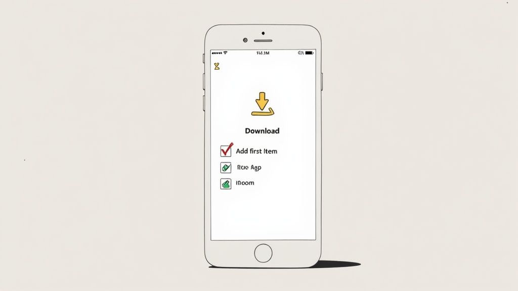 A white iPhone displaying a download screen with a checklist including 'Add first item', 'ITcio App', and 'IBoom'.