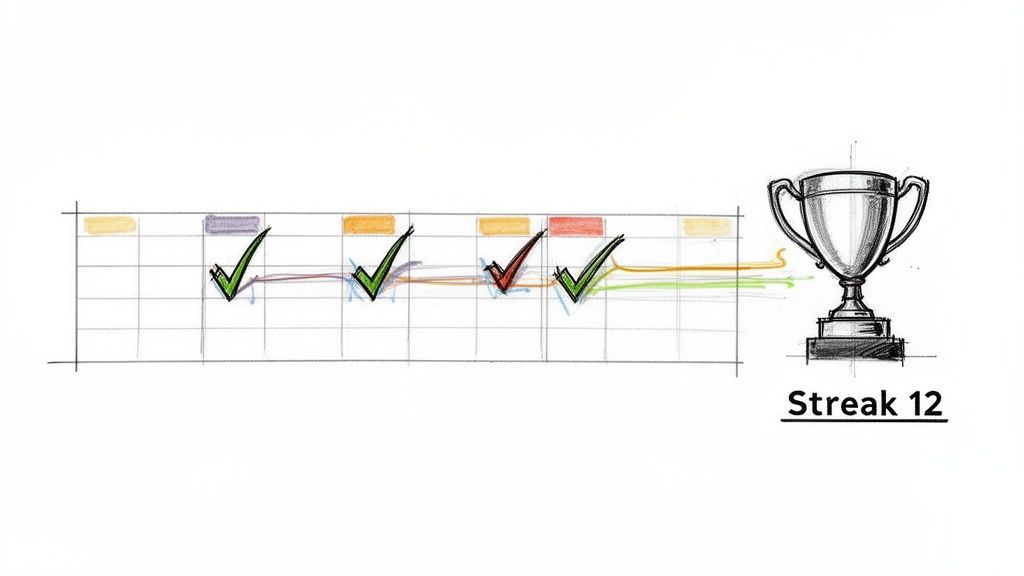 A hand-drawn image depicting a progress chart with green and red checkmarks, culminating in a trophy for "Streak 12."