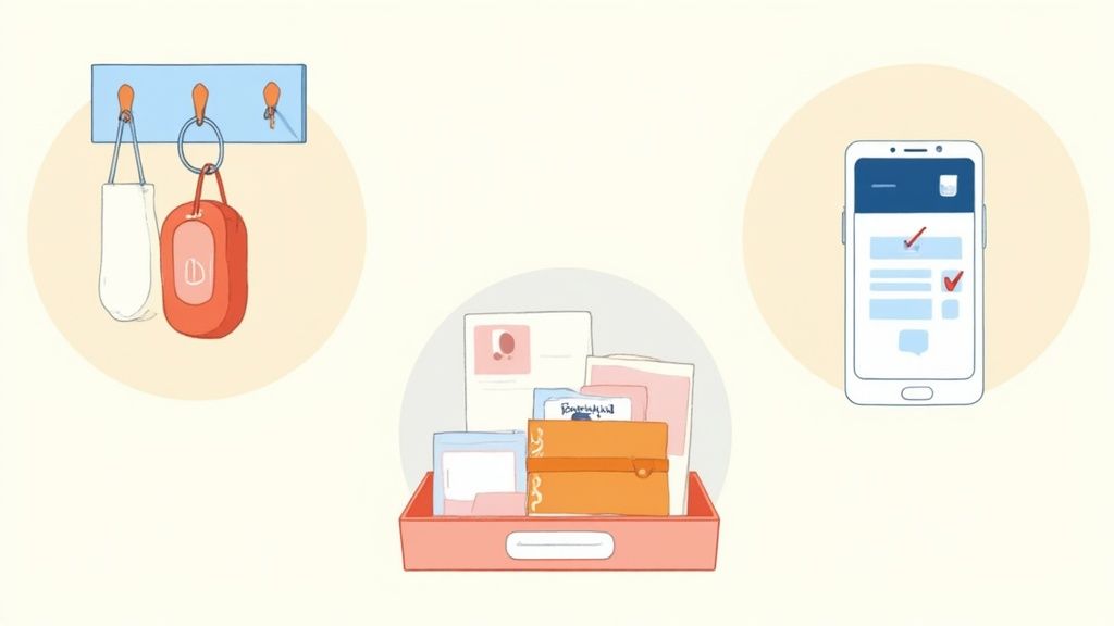 Three illustrated methods for organizing and tracking personal belongings: key hooks, document drawer, and mobile checklist app