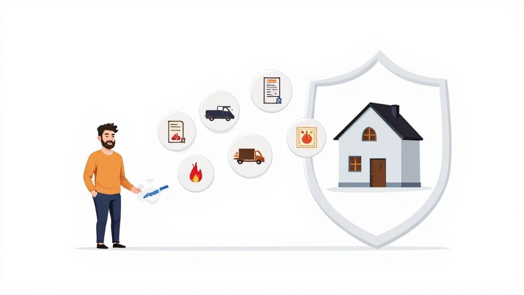 A person sitting on a floor surrounded by organized moving boxes and household items, using a laptop to take an inventory.