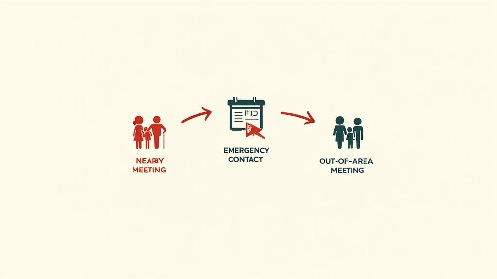 A visual guide for family emergency planning, showing nearby and out-of-area meeting points, and an emergency contact.