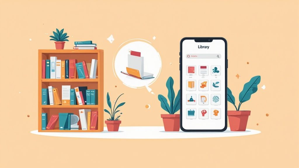 A vibrant illustration of a bookshelf filled with books, houseplants, and a smartphone displaying a library app, symbolizing digital and physical book management.