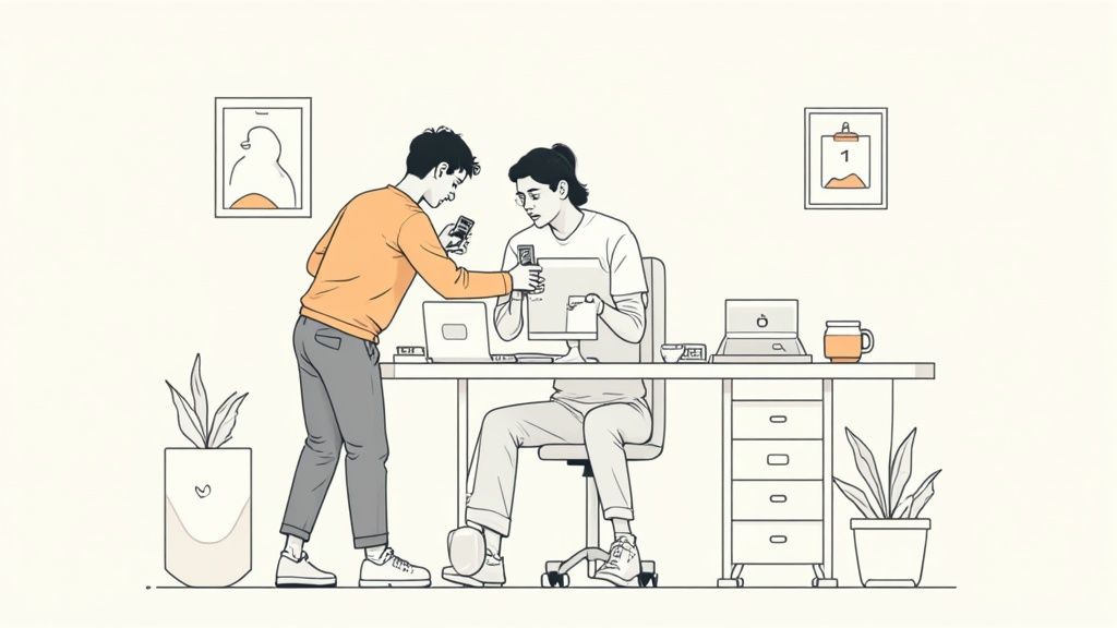 Illustration of two colleagues discussing information using mobile devices at a contemporary workspace.