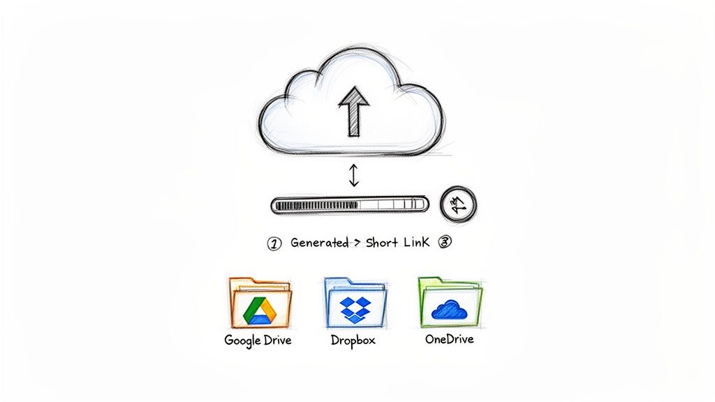 Diagram showing uploading files to cloud storage like Google Drive, Dropbox, OneDrive and generating a short link.