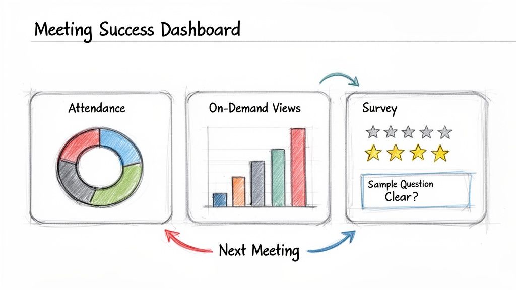 A Meeting Success Dashboard displaying attendance, on-demand views, and survey feedback in a cyclical flow.