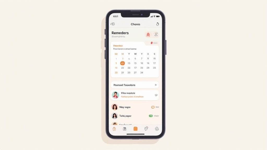 Mobile app interface showing shared chores reminder with calendar and roommate task list