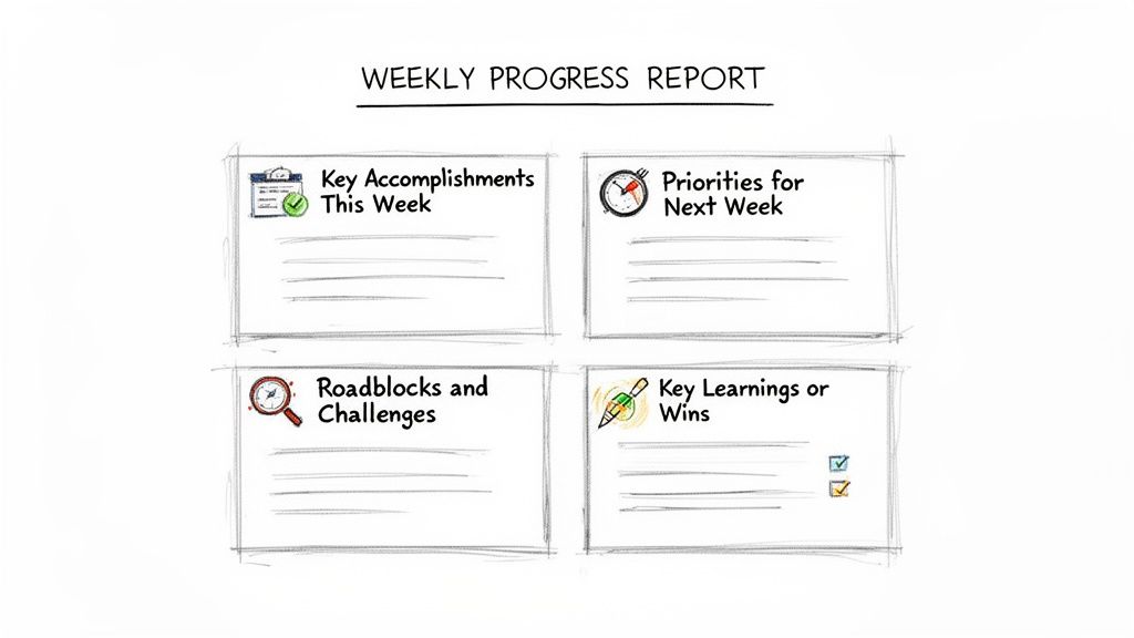 A hand-drawn weekly progress report template with sections for accomplishments, priorities, roadblocks, and learnings.