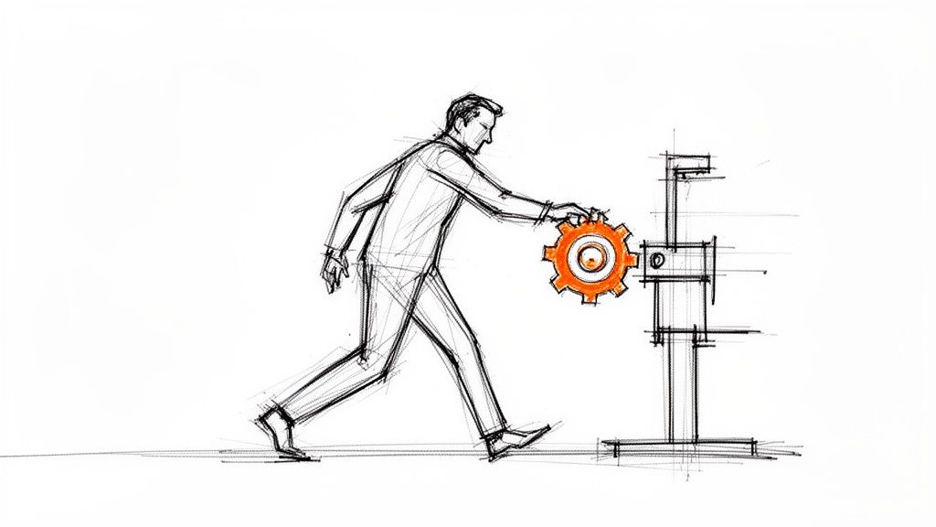 A sketch of a man inserting an orange gear into a machine, symbolizing problem-solving and efficiency.