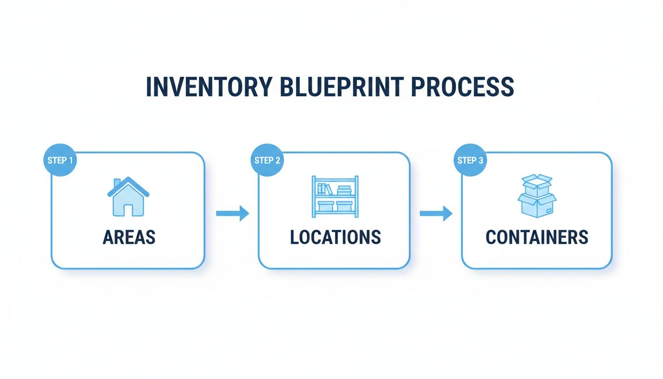 Inventory blueprint process outlining three steps: Areas, Locations, and Containers, depicted with icons.