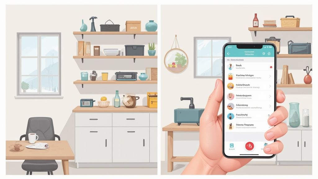 A split image shows a kitchen interior with shelves, a table, and a hand holding a smartphone displaying an inventory app.