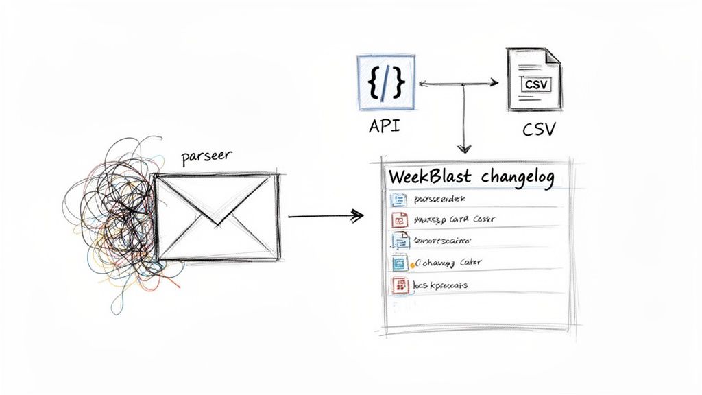 Diagram illustrating automated data parsing from messy emails into a structured changelog, API, or CSV.