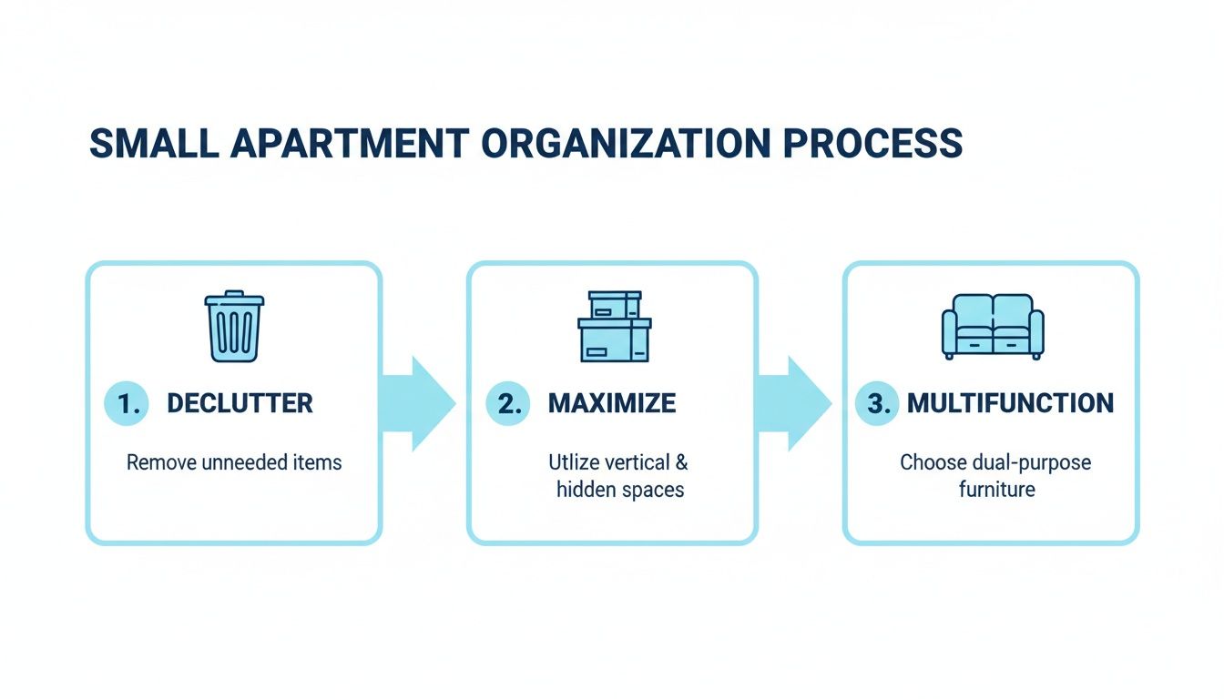 Infographic showing a 3-step process for small apartment organization: declutter, maximize, and multifunction.