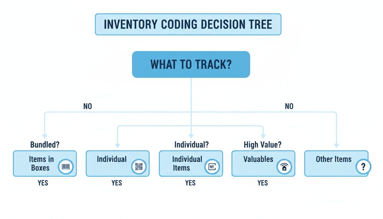 Decision tree diagram outlining inventory coding options for bundled, individual, and high-value items.