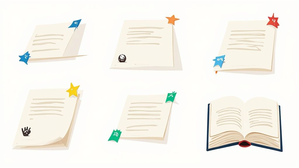 Six stylized notes and an open book, some with colorful star-shaped bookmarks and illustrations.