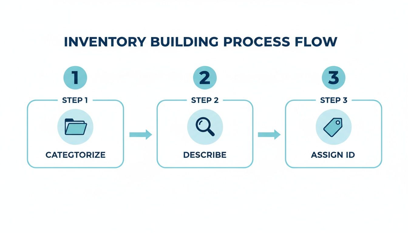 An inventory building process flow diagram illustrating three key steps: categorize, describe, and assign ID.