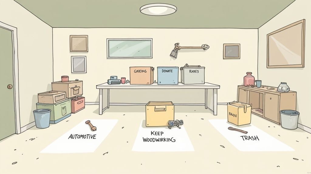 A cluttered room or garage being organized with sorting boxes, tools, and labeled floor areas.