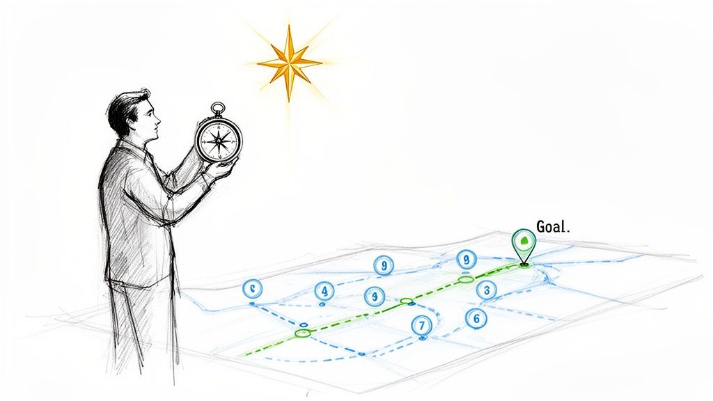 A man holds a compass, looking at a guiding star above a map showing a path to a goal.