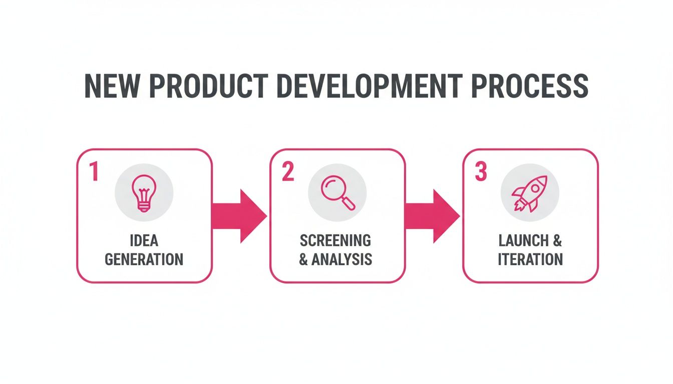 A diagram illustrating the three steps of the new product development process: Idea Generation, Screening & Analysis, and Launch & Iteration.